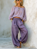 Women's Lavender Off-the-Shoulder Chiffon Top And Cotton-Linen Elastic-Waist Wide-Leg Pants Set ZMZ2942E8SWL