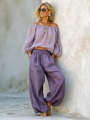 Women's Lavender Off-the-Shoulder Chiffon Top And Cotton-Linen Elastic-Waist Wide-Leg Pants Set ZMZ2942E8SWL