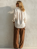 Women's Classic Commuter Set: Crinkled Ice Silk Long-Sleeve Shirt & Brown Cargo Pants ZMZ2907E7SWL