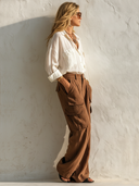 Women's Classic Commuter Set: Crinkled Ice Silk Long-Sleeve Shirt & Brown Cargo Pants ZMZ2907E7SWL