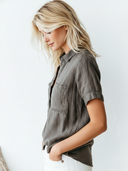 Women's Retro Casual Washed Linen Pocket Short-Sleeve Pullover Shirt ZMZ2974E5ZJY