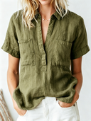 Women's Retro Casual Washed Linen Pocket Short-Sleeve Pullover Shirt ZMZ2974E5ZJY