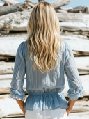 Women's Retro Casual Striped V-Neck Ruffled Three Quarter Sleeves Shirt ZMZ2923E2ZJY