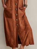 Women's Solid Color Faux Suede Stand Collar Single-breasted Sleeveless Maxi Dress ZMZ2921E1XT