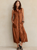 Women's Solid Color Faux Suede Stand Collar Single-breasted Sleeveless Maxi Dress ZMZ2921E1XT