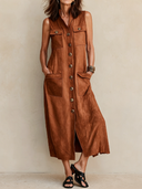 Women's Solid Color Faux Suede Stand Collar Single-breasted Sleeveless Maxi Dress ZMZ2921E1XT