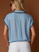 Women's Classic Commuter-Style Light Blue Cotton-Linen Top With V-Neck And Elasticized Hem ZMZ2971E8SWL