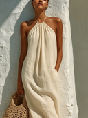 Women's Solid Color Cotton Linen Patchwork Lace Halter Neck Long Dress ZMZ2947E1XT