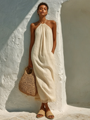 Women's Solid Color Cotton Linen Patchwork Lace Halter Neck Long Dress ZMZ2947E1XT
