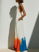 Women's Bohemian Resort Style Linen-Cotton Dip-Dye Halter Neck Sleeveless Maxi Dress ZMZ2865E0YZH