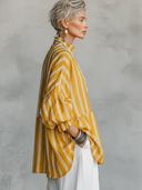 Women's Casual Retro Stand Collar, Vertical Stripes, Cotton-Linen Blend, Half-Sleeves Loose-Fit Shirt ZMZ2818E2ZYY