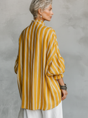 Women's Casual Retro Stand Collar, Vertical Stripes, Cotton-Linen Blend, Half-Sleeves Loose-Fit Shirt ZMZ2818E2ZYY