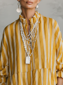 Women's Casual Retro Stand Collar, Vertical Stripes, Cotton-Linen Blend, Half-Sleeves Loose-Fit Shirt ZMZ2818E2ZYY
