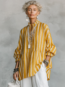 Women's Casual Retro Stand Collar, Vertical Stripes, Cotton-Linen Blend, Half-Sleeves Loose-Fit Shirt ZMZ2818E2ZYY