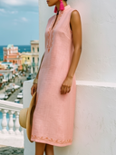 Women's Vacation Casual Style Linen-Cotton Embroidered Notch Neck Sleeveless Shift Midi Dress ZMZ2975E8YZH