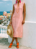 Women's Vacation Casual Style Linen-Cotton Embroidered Notch Neck Sleeveless Shift Midi Dress ZMZ2975E8YZH