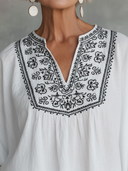 Women's Premium Vintage V-Neck Embroidery And Lantern Sleeves Loose Fit Cotton-Linen Shirt ZMZ2840E9ZYY