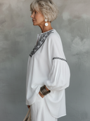 Women's Premium Vintage V-Neck Embroidery And Lantern Sleeves Loose Fit Cotton-Linen Shirt ZMZ2840E9ZYY