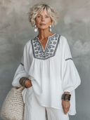 Women's Premium Vintage V-Neck Embroidery And Lantern Sleeves Loose Fit Cotton-Linen Shirt ZMZ2840E9ZYY