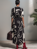 Women's Casual Retro Cotton-Linen Abstract Art Print V-Neck Short-Sleeve Dress ZMZ2807E7ZYY