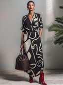 Women's Casual Retro Cotton-Linen Abstract Art Print V-Neck Short-Sleeve Dress ZMZ2807E7ZYY