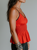 Women's Casual Vacation Cotton-Linen Contrast-Color Shirred Waist Tank Top ZMZ2961E6ZYY