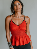Women's Casual Vacation Cotton-Linen Contrast-Color Shirred Waist Tank Top ZMZ2961E6ZYY