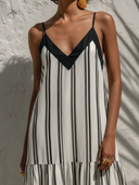 Women's Casual Vacation Vertical Stripe Print, V-Neck, Spaghetti Straps, Loose Fit Cotton-Linen Dress ZMZ2985E3ZYY