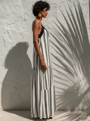Women's Casual Vacation Vertical Stripe Print, V-Neck, Spaghetti Straps, Loose Fit Cotton-Linen Dress ZMZ2985E3ZYY