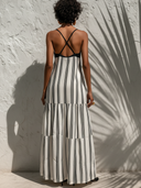 Women's Casual Vacation Vertical Stripe Print, V-Neck, Spaghetti Straps, Loose Fit Cotton-Linen Dress ZMZ2985E3ZYY