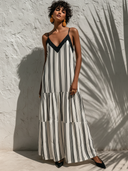 Women's Casual Vacation Vertical Stripe Print, V-Neck, Spaghetti Straps, Loose Fit Cotton-Linen Dress ZMZ2985E3ZYY