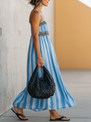 Women's Casual Vacation: Loose-Fit, Spaghetti-Strap, Cotton-Linen Blend With Vertical Stripes And Leopard Print Splicing  Dress ZMZ2943E4ZYY