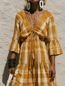 Women's Casual Vacation Cotton-Linen Plaid Print V-Neck Flared-Sleeve Loose-Fit Maxi Dress ZMZ2925E1ZYY