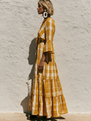 Women's Casual Vacation Cotton-Linen Plaid Print V-Neck Flared-Sleeve Loose-Fit Maxi Dress ZMZ2925E1ZYY