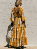 Women's Casual Vacation Cotton-Linen Plaid Print V-Neck Flared-Sleeve Loose-Fit Maxi Dress ZMZ2925E1ZYY