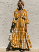 Women's Casual Vacation Cotton-Linen Plaid Print V-Neck Flared-Sleeve Loose-Fit Maxi Dress ZMZ2925E1ZYY