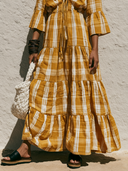 Women's Casual Vacation Cotton-Linen Plaid Print V-Neck Flared-Sleeve Loose-Fit Maxi Dress ZMZ2925E1ZYY