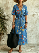 Women's Vacation Floral Print V-Neck Short-Sleeve Maxi Dress ZMZ2991E9XT