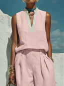 Women's Linen-Cotton Contrast Trim Stand Collar Sleeveless Blouse ZMZ0179F7YZH