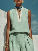 Women's Linen-Cotton Contrast Trim Stand Collar Sleeveless Blouse ZMZ0179F7YZH