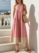 Women's Vacation Casual Style Linen-Cotton Halter Neck Color-Block A-Line Midi Dress ZMZ0167F1YZH