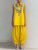 Women's Bohemian Ethnic Linen-Cotton Floral Embroidered Stand Collar Sleeveless Tunic & Harem Pants Co-ord Set ZMZ0148F1YZH