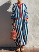 Women's Coastal Resort Style Cotton-Blend Stripe Print Henley Neck Three-Quarter Sleeve Kaftan Maxi Dress ZMZ0157F8YZH