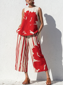 Women's Artistic Resort Style Polyester-Blend Abstract Print Sleeveless Top & Wide-Leg Culottes Co-ord Set ZMZ0107F4YZH