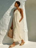 Women's Solid Color Cotton Linen Patchwork Lace Halter Neck Long Dress ZMZ2947E1XT