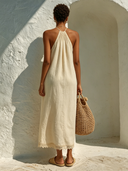 Women's Solid Color Cotton Linen Patchwork Lace Halter Neck Long Dress ZMZ2947E1XT