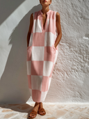 Women's Vacation Casual Style Cotton-Blend Gingham Check Sleeveless Stand Collar Maxi Dress ZMZ0164F0YZH