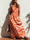Women's Vacation Maxi Dress: Vibrant Orange Pattern, V-Neck, Sleeveless ZMZ2652E7SWL