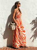 Women's Vacation Maxi Dress: Vibrant Orange Pattern, V-Neck, Sleeveless ZMZ2652E7SWL