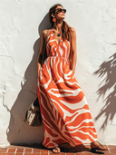 Women's Vacation Maxi Dress: Vibrant Orange Pattern, V-Neck, Sleeveless ZMZ2652E7SWL